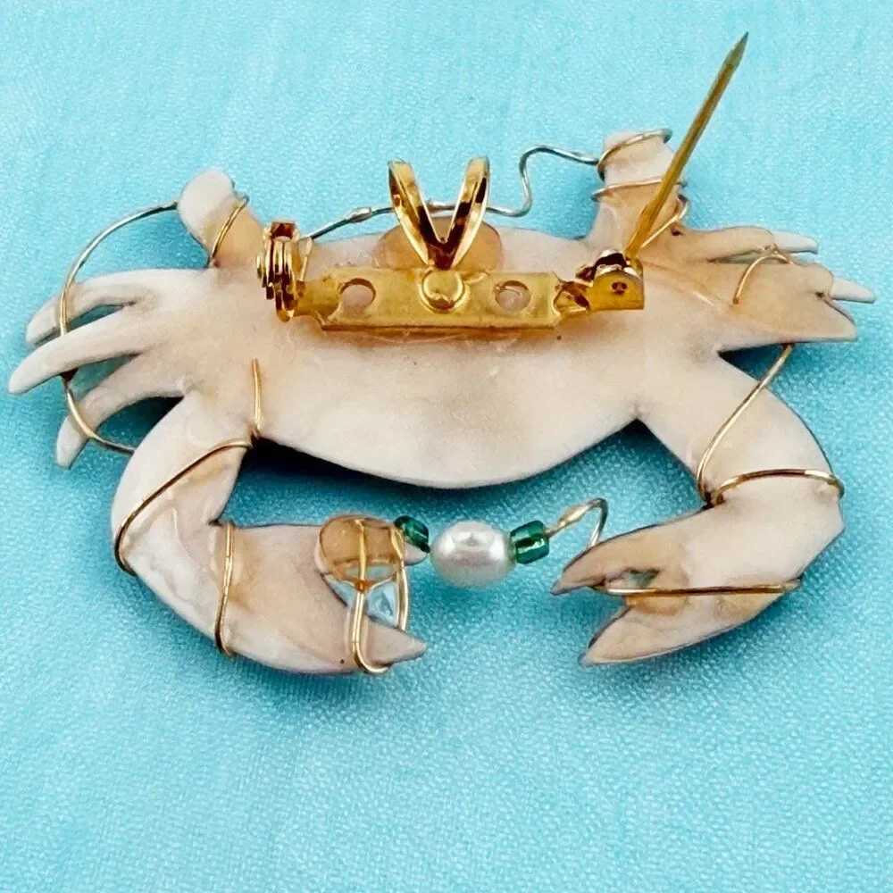 Artisan Hand-Painted Blue Crab Brooch Pendant with Pearl & Wire Wrap Accent